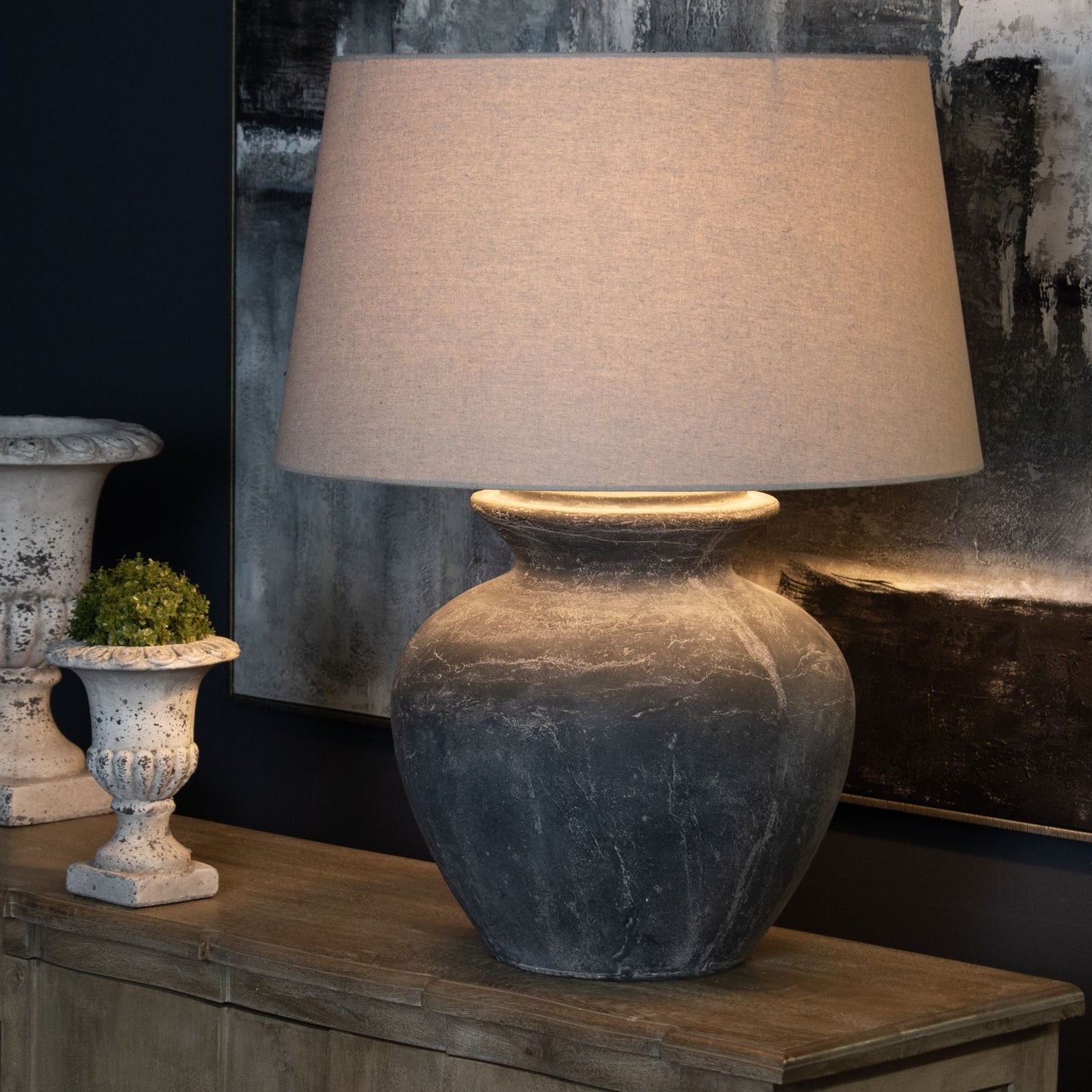 Amalfi Grey Round Table Lamp With Linen Shade