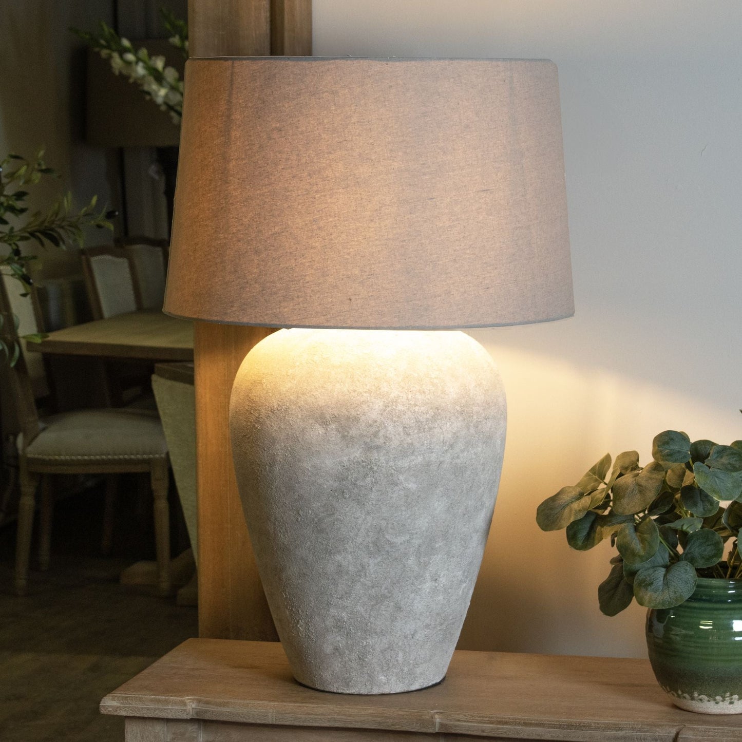 Athena Aged Stone Tall Table Lamp With Linen Shade